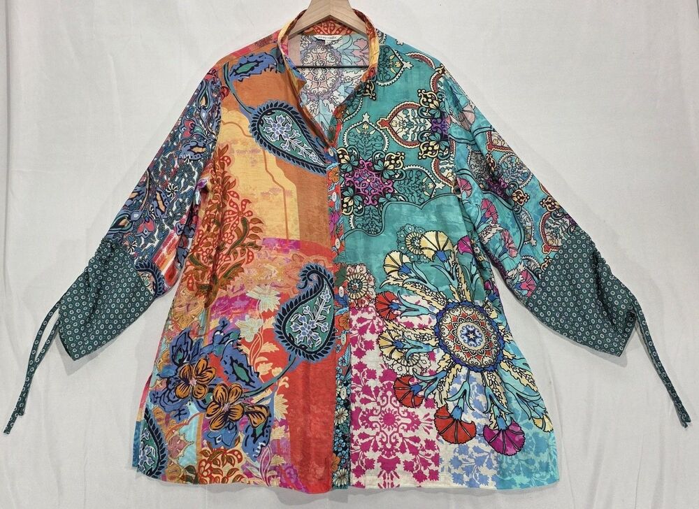 John Mark Button Up Tunic Blouse 1X Paisley Patchwork Print Colorful Boho Artsy